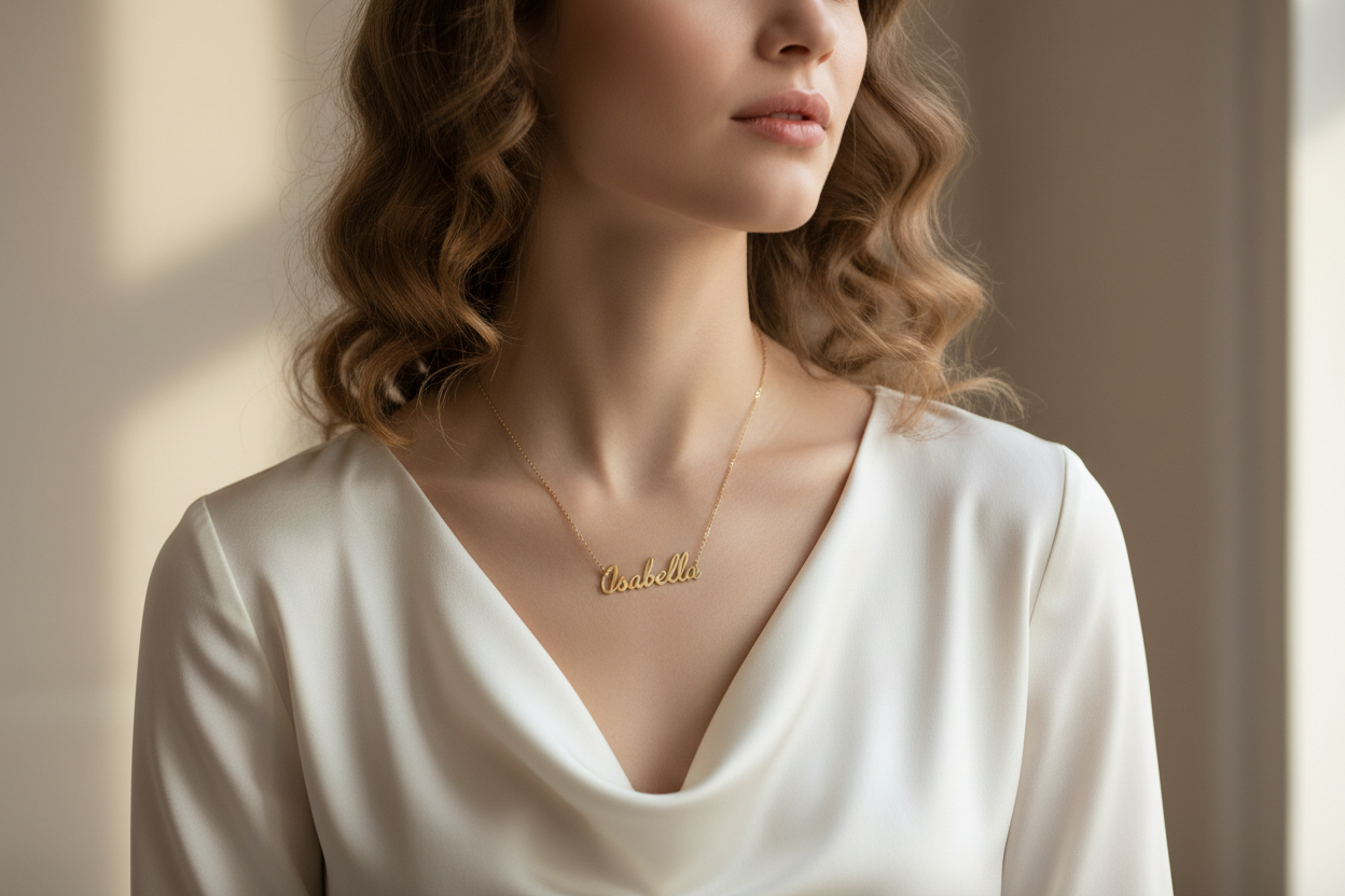 customized name necklace  wear woman model