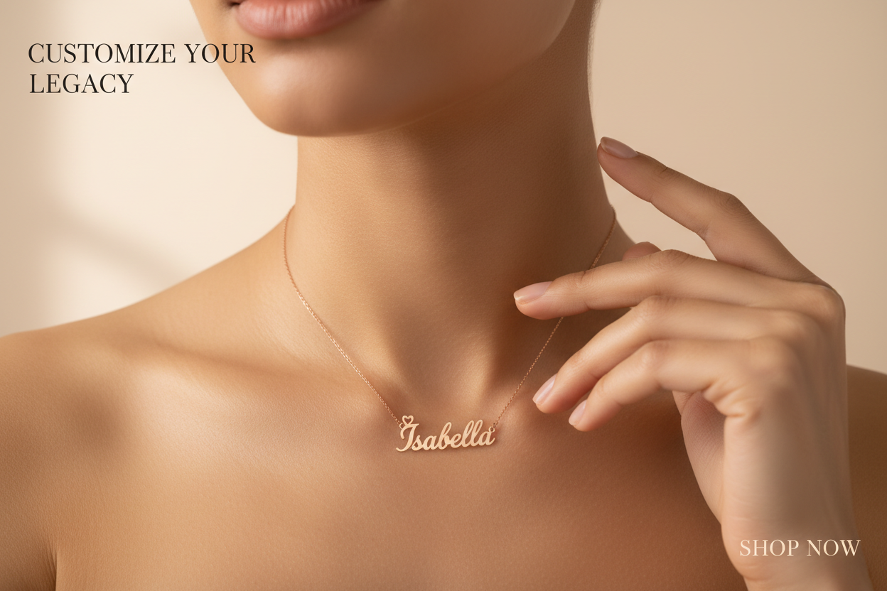 customized name necklace with model wear banner